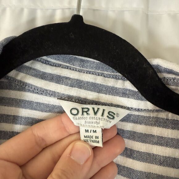Orvis Linen Blend Button Down Shirt Women's Medium Blue White Striped Short Slv - Picture 4 of 10